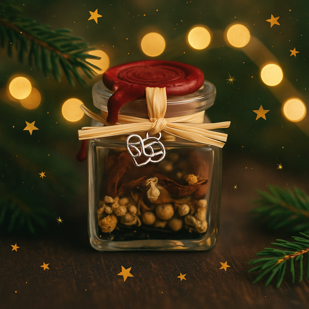 Fiole enchantée de Noël – petit bocal scellé à la cire rouge, plantes séchées et ruban naturel