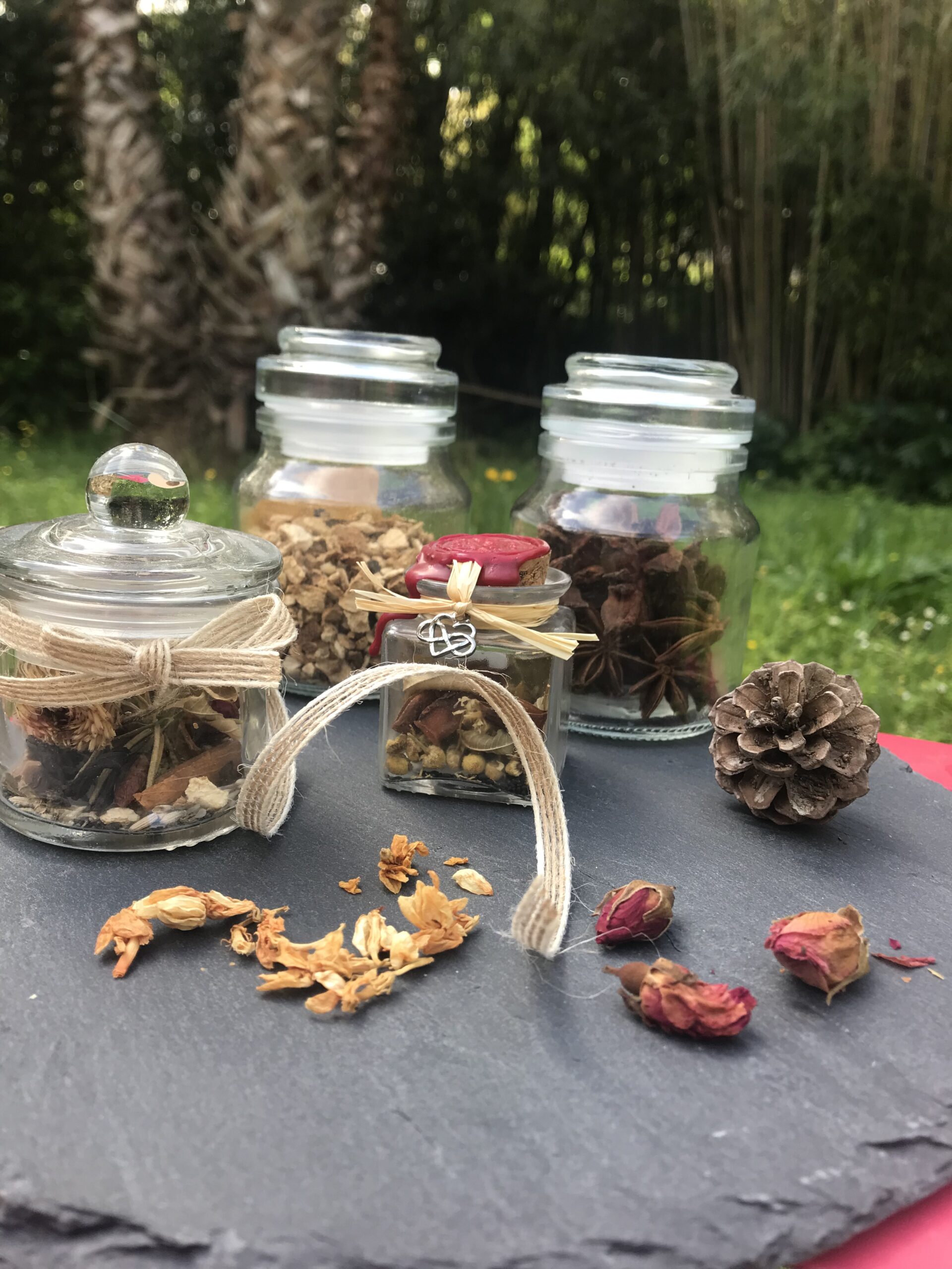 Fioles enchantées artisanales – assortiment de bocaux et fiole scellée à la cire rouge, ambiance naturelle