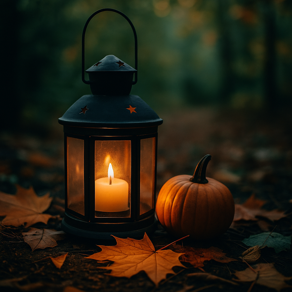 Lanterne éclairée au crépuscule parmi les feuilles d’automne