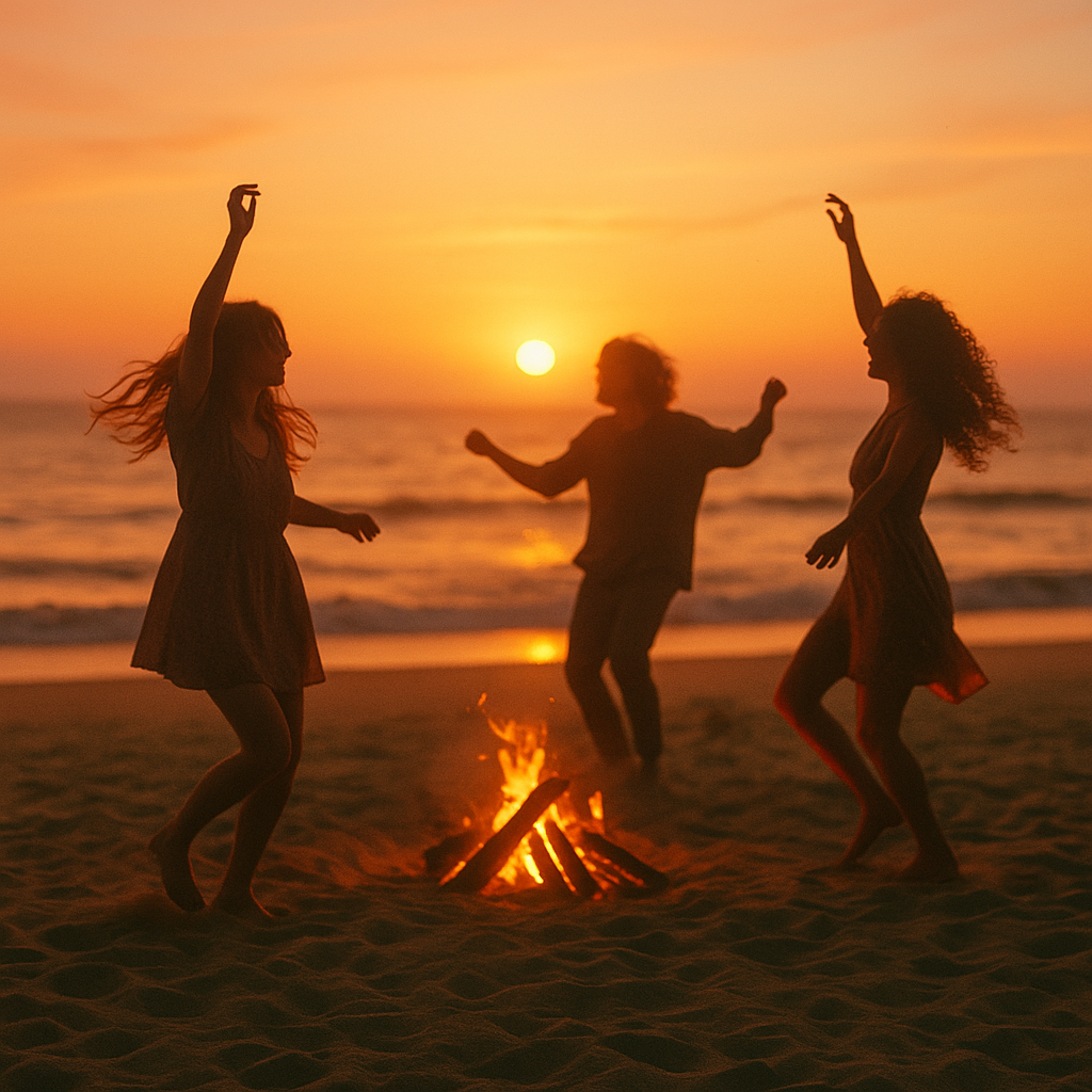 Trois silhouettes dansant sur la plage au crépuscule autour d’un petit feu de bois, lumière dorée et ambiance joyeuse, symbole de liberté et de renaissance.