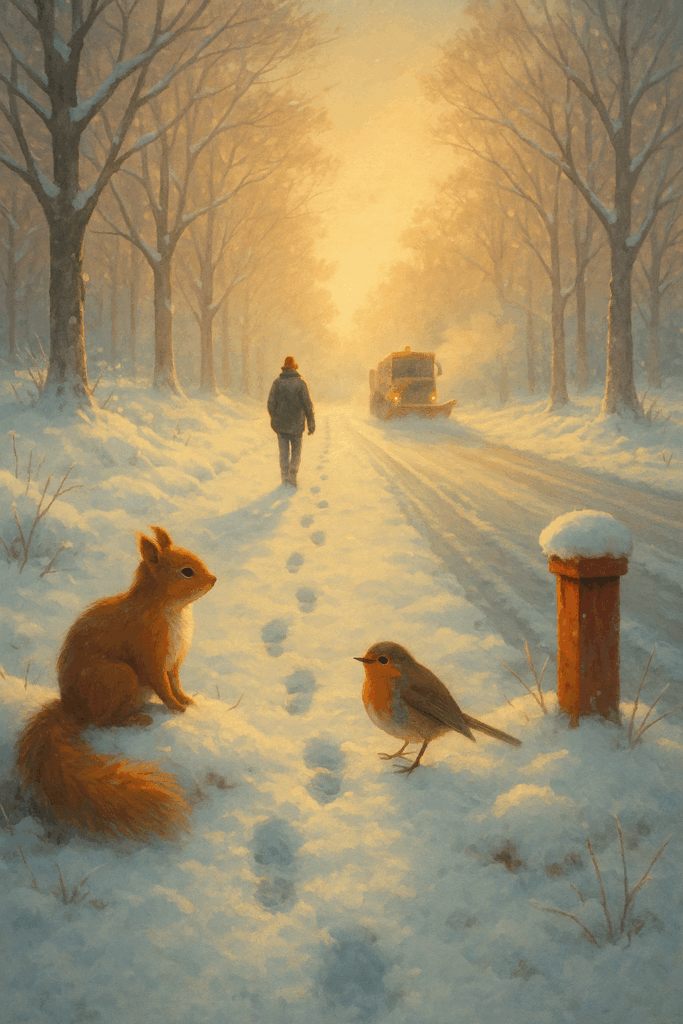 Illustration poétique hivernale représentant une route enneigée bordée d’arbres, un renard et un oiseau observant une silhouette humaine au loin. Lumière dorée et atmosphère paisible, symbole d’harmonie entre nature et humanité.