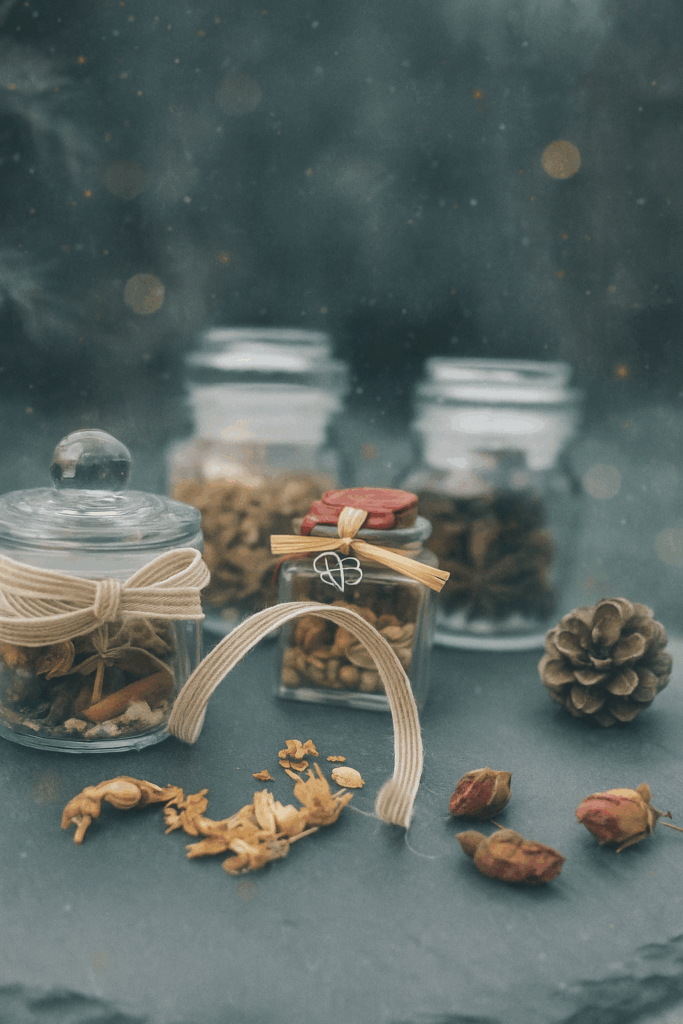 Fioles enchantées artisanales sur ardoise grise, décor hivernal et lumière dorée – création poétique de l’Atelier des Âmes, “Fiole du solstice”.