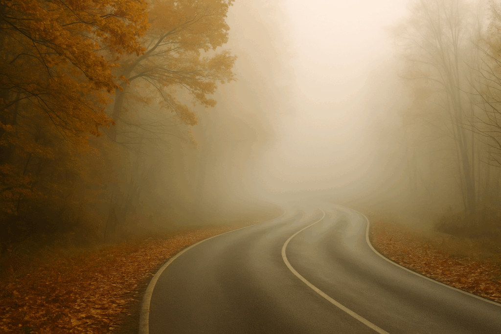 Route calme dans la brume d’automne — symbole du ralentissement et du retour à soi.