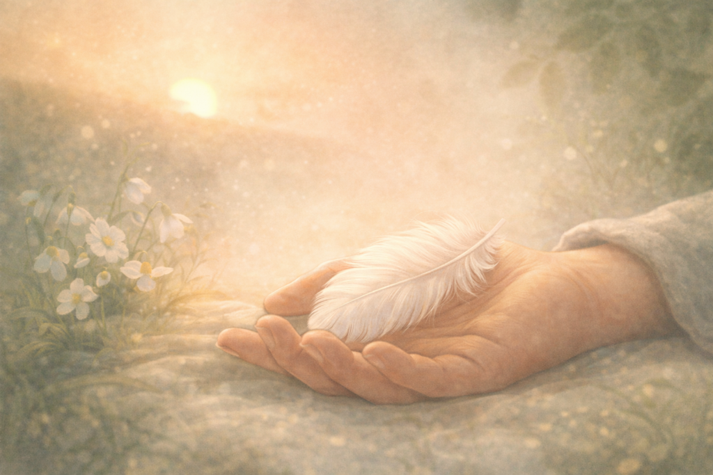 Main ouverte tenant une plume blanche dans une lumière douce de fin d’hiver, symbole de fatigue et de ralentissement.